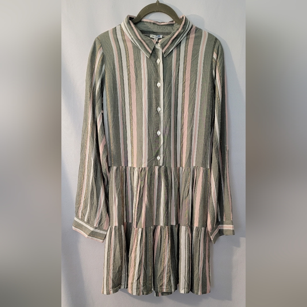 En Creme Pink and Gray Tiered Ruffled Long Sleeve Shirt Dress Size S